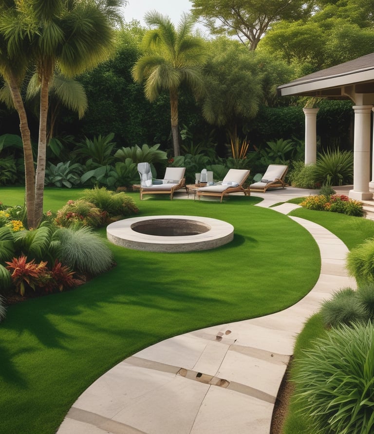 A beautifully landscaped tropical garden with vibrant flowers and neatly edged grass.