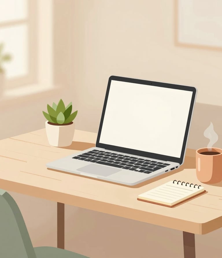 A cozy workspace with a laptop, a cup of coffee, and a family photo on the desk.