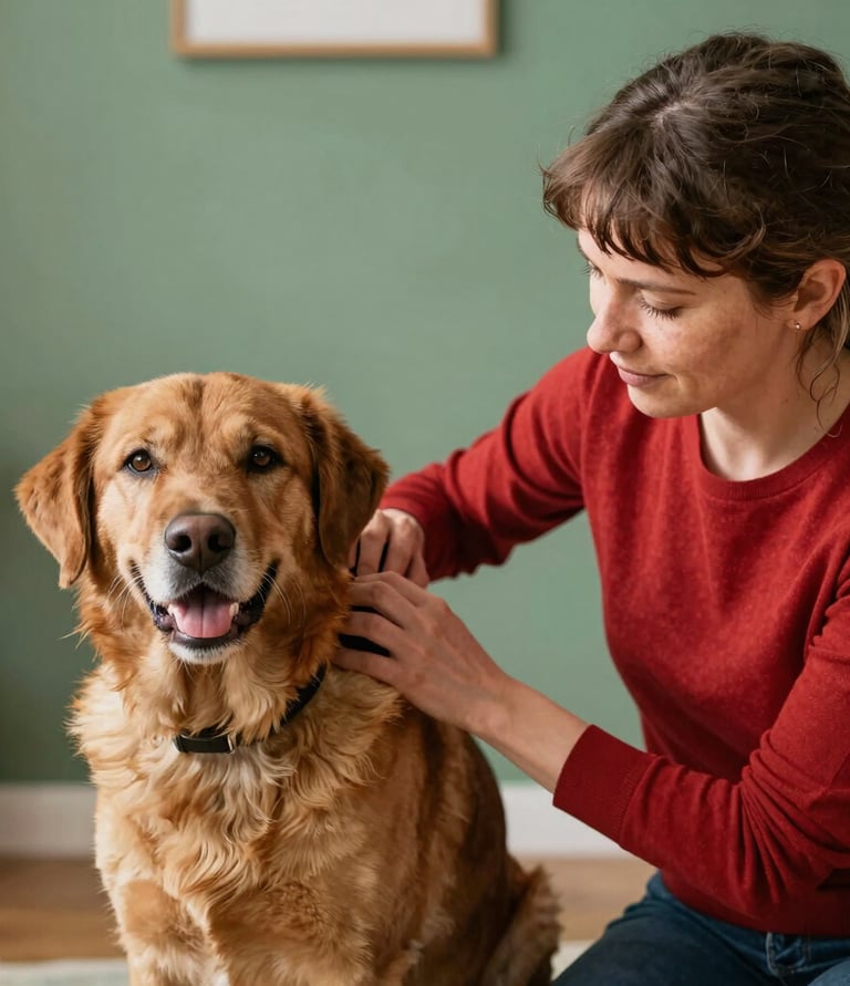 A peaceful healing session with a person gently holding their calm dog in a softly lit room