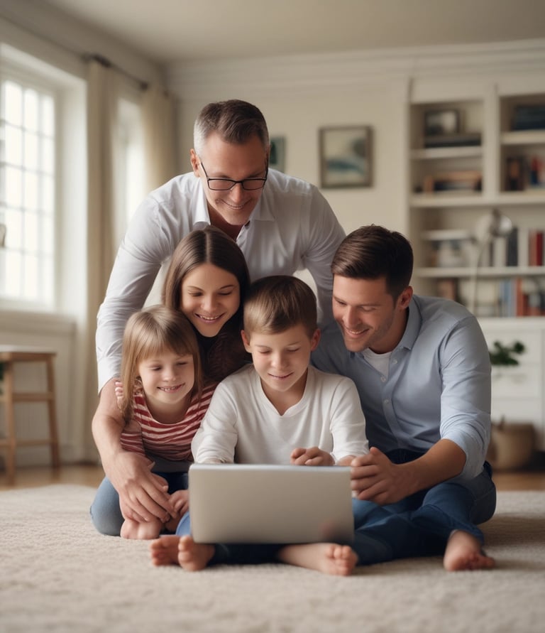 A warm family scene with parents and children using devices together in a cozy living room.