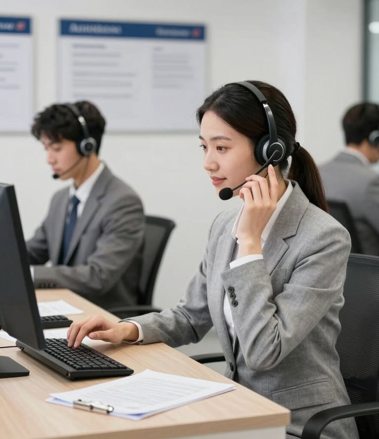 A friendly call center agent in a modern Italian office, smiling while assisting a customer.