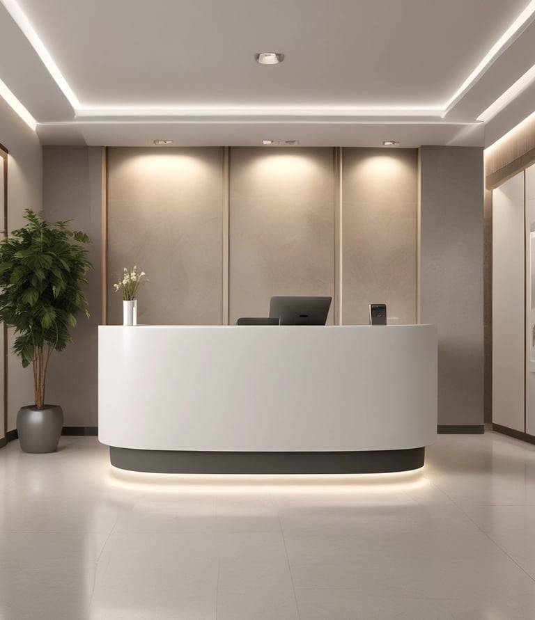 a white office with a marble counter top