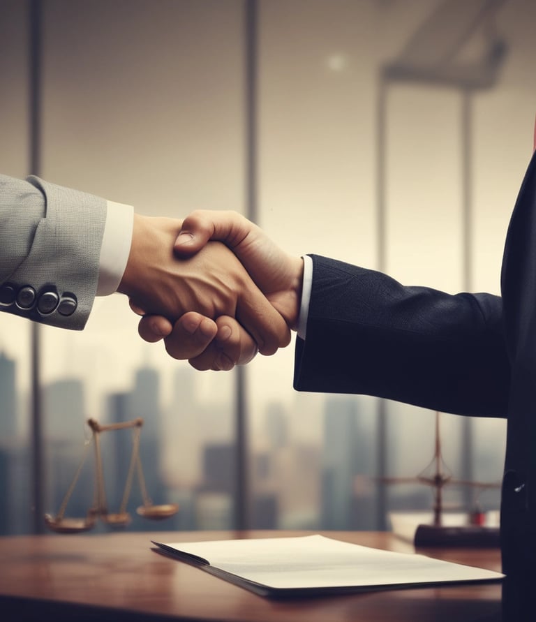 Close-up of hands shaking over a contract with a luxury home visible nearby.