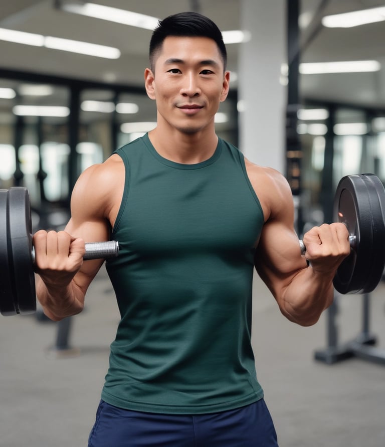 non maman in a grey gym t-shirt holding a protein shaker bottle during a fitness workout.