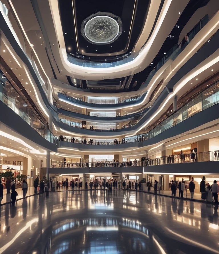 A lively street view of KB West Walk showing modern studio apartments and bustling retail shops.