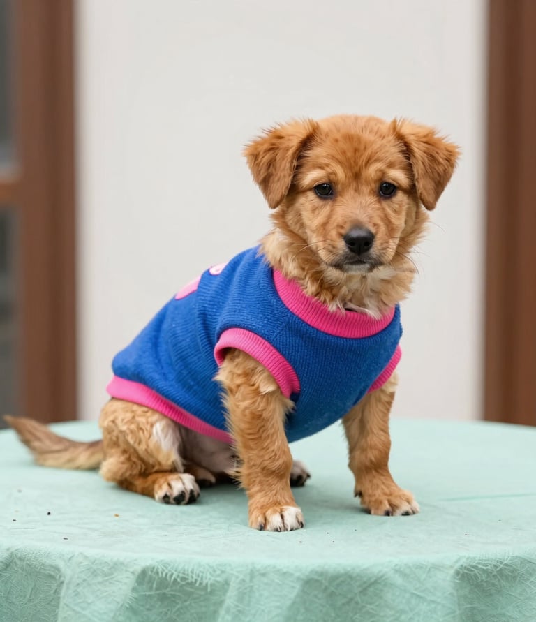 Perrito caramelo con suéter azul con rosa