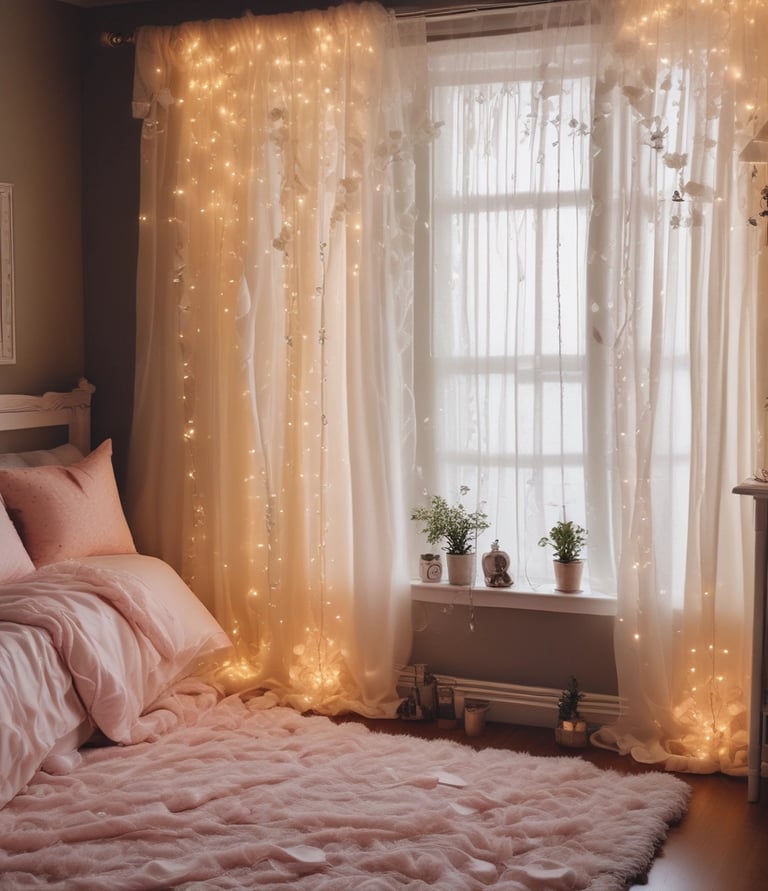 A cozy bedroom corner decorated with lace curtains, faux leaves, and pastel pink bedding.