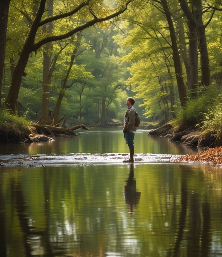 A male hiker standing in a calm river surrounded by a lush green forest with sunlight filtering through trees.