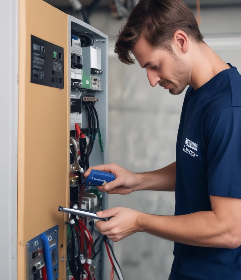 Technician installing modern electrical wiring in a new residential building.