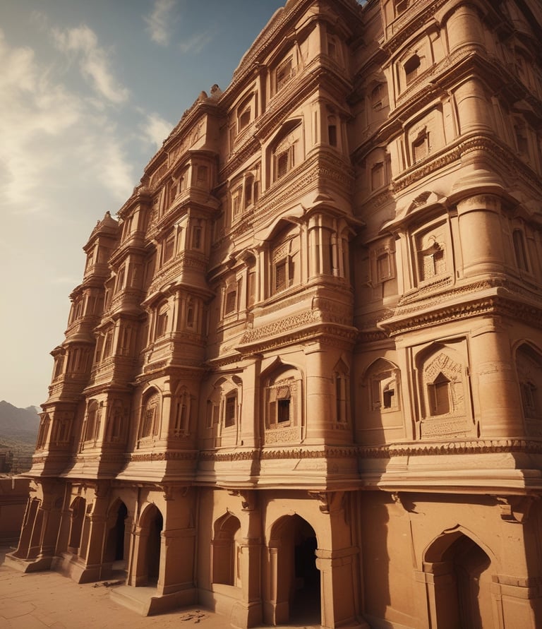 A panoramic view of a serene villa surrounded by desert landscape near Jaisalmer.
