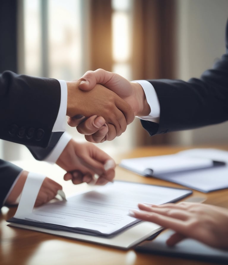 A warm handshake between a buyer and a real estate agent in a sunlit Jodhpur office.