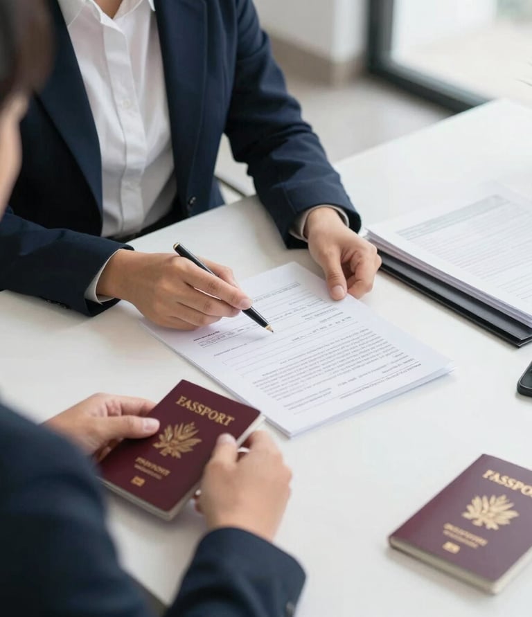 Close-up of hands exchanging business documents symbolizing document clearance and support services.