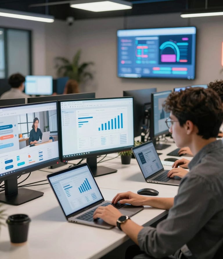 A professional team collaborating in a modern office with digital marketing and real estate visuals.