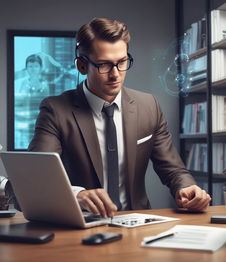 A sleek, modern workspace with a laptop displaying the liquidsmarts AI learning platform interface in smart black and liquid blue colors.