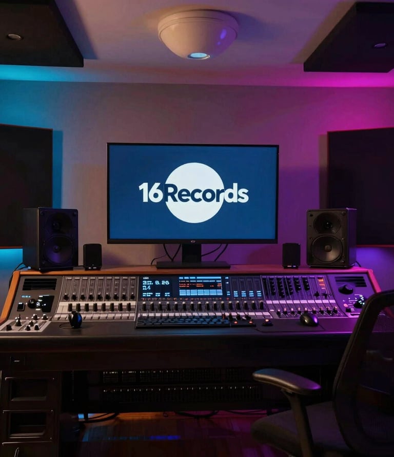 Black and white photo of a city skyline at night with subtle music notes overlay.