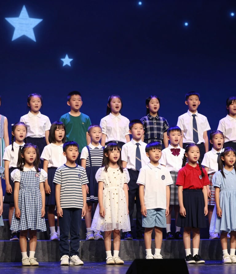 A group of diverse children on stage, mid-performance, glowing with excitement under bright lights.