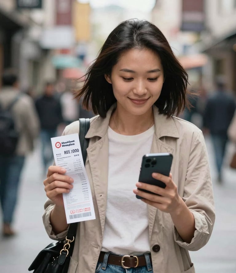 Jeune femme vérifiant le statut de son envoi d'argent sur son téléphone dans la rue en marchant