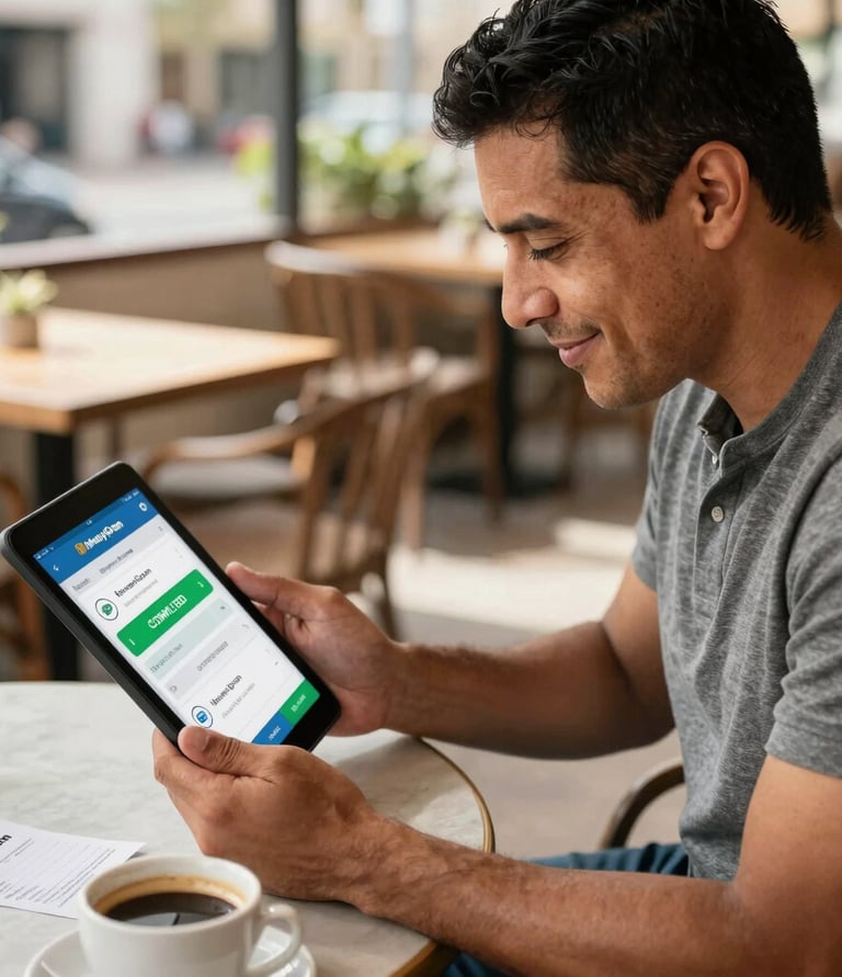 Jeune homme consultant l'état de son envoi d'argent sur sa tablette