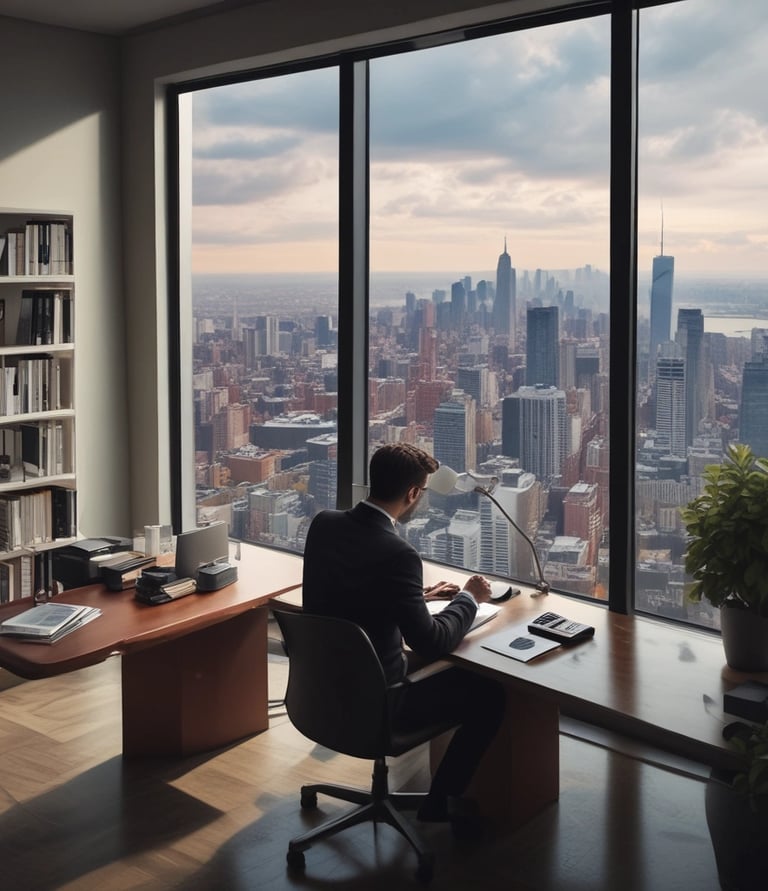 Professional accountant reviewing financial documents in a modern office with blue and gold accents.