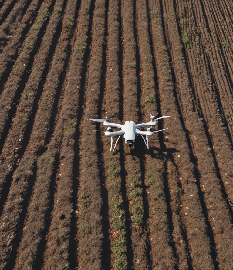 Drone flying low over a vibrant green crop field applying liquid fertilizer with precision.