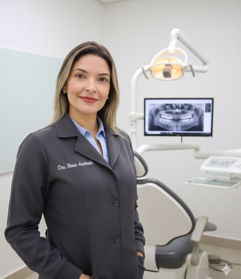 a woman in a dentist's office with a smile on her face