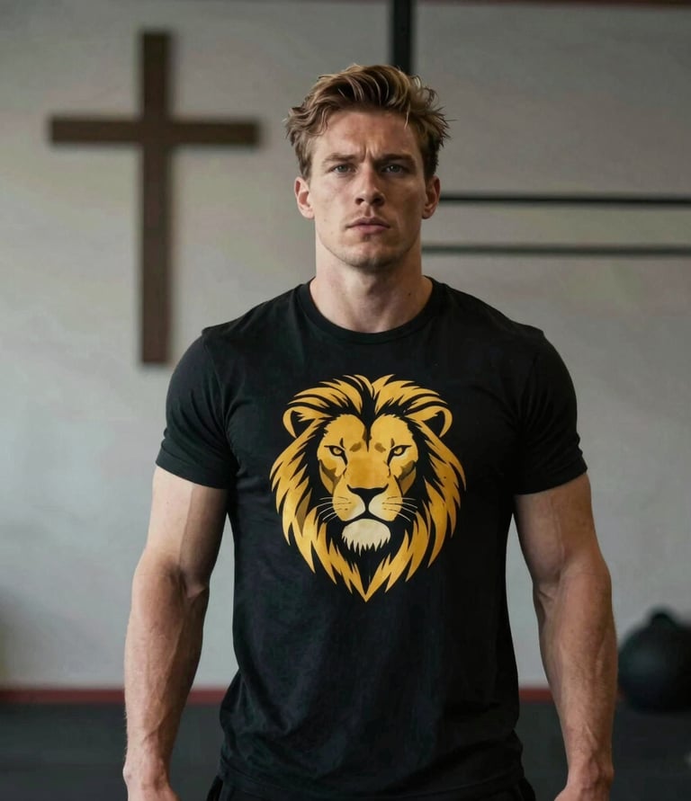 Battle 1 Christian apparel - man wearing lion t-shirt with cross in background