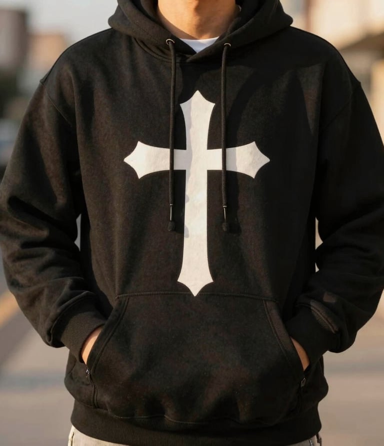Close-up of a black hoodie with red and gold Battle1 logo featuring a cross and shield emblem.