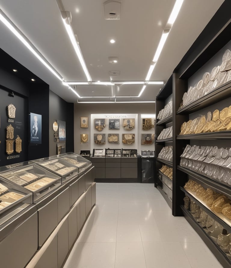 A warm, inviting shop interior with displays of coins and precious metal jewelry.