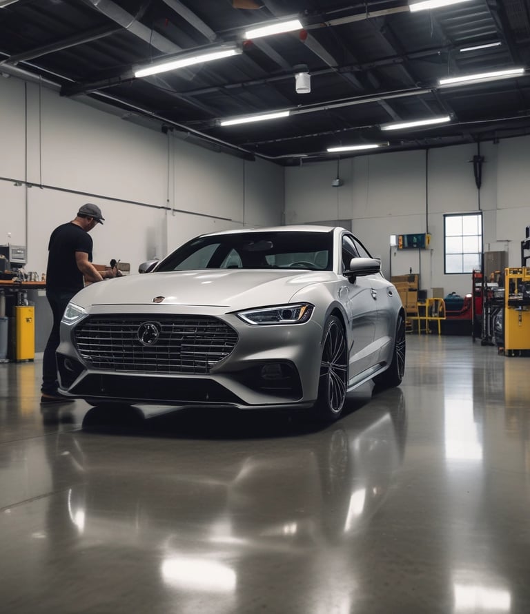 A sleek black luxury car parked in front of a modern Los Angeles skyline at sunset.