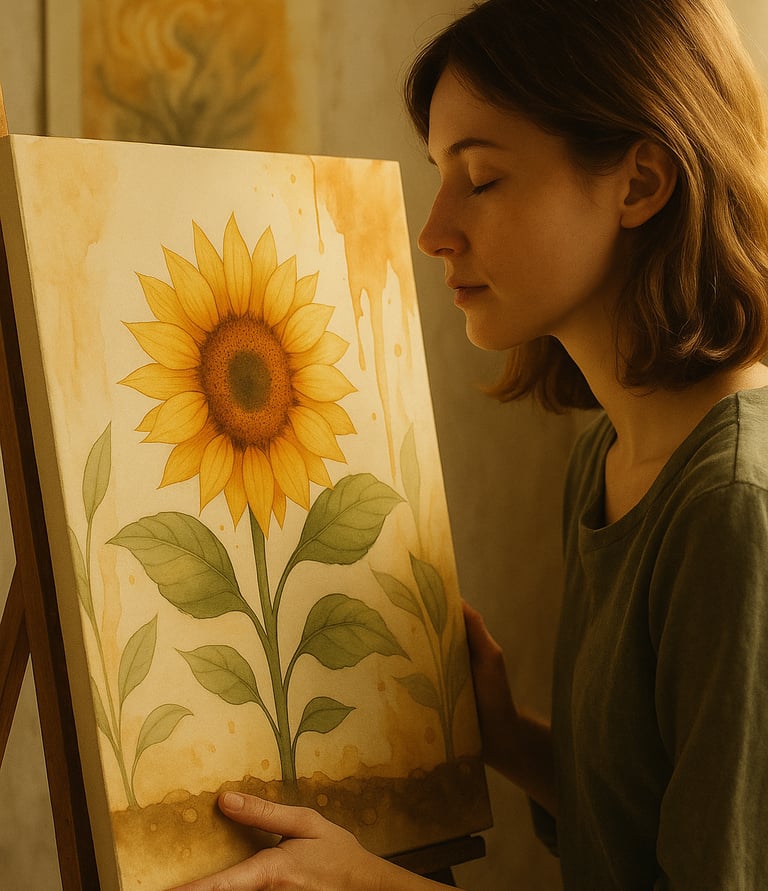 Young woman gently positions AI-generated sunflower art on easel, preparing it for display.