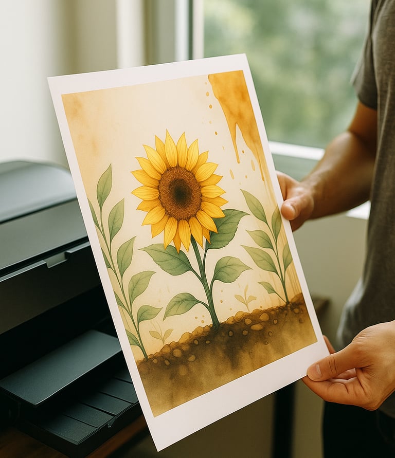Hands holding printed AI sunflower artwork in warm tones, freshly printed and ready for display.