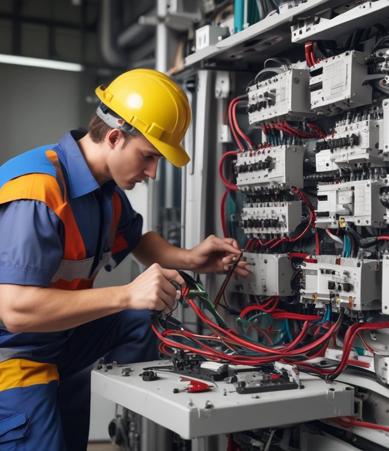 Close-up of skilled engineers working on complex electromechanical components in a bright, modern workshop.
