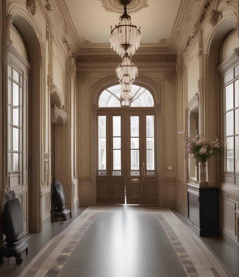 A sparkling clean communal hallway in an apartment building with polished floors and bright lighting.