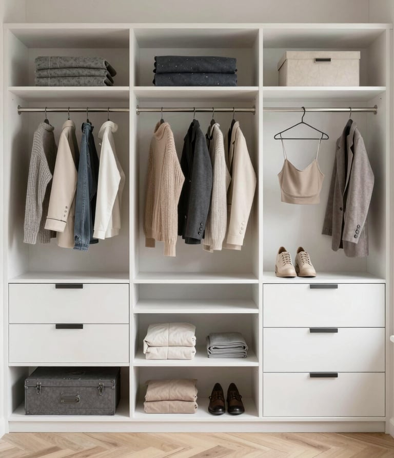 A cozy living room showcasing a mix of wood, metal, and soft textiles with neatly arranged shelves.
