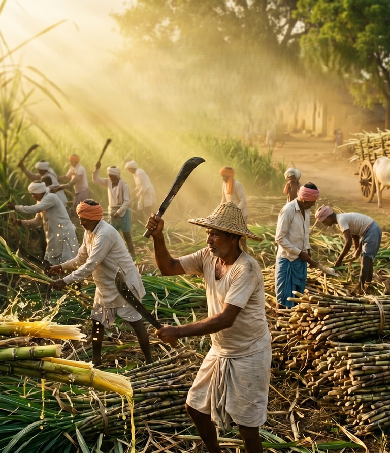 Indian farmers harvesting sugarcane by hand in a sunlit rural village field with an ox cart.