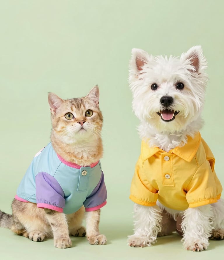 Gato y perro con ropita colorida