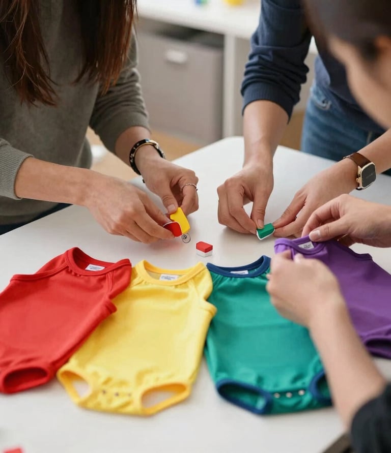 personas haciendo ropita colorida para mascotas