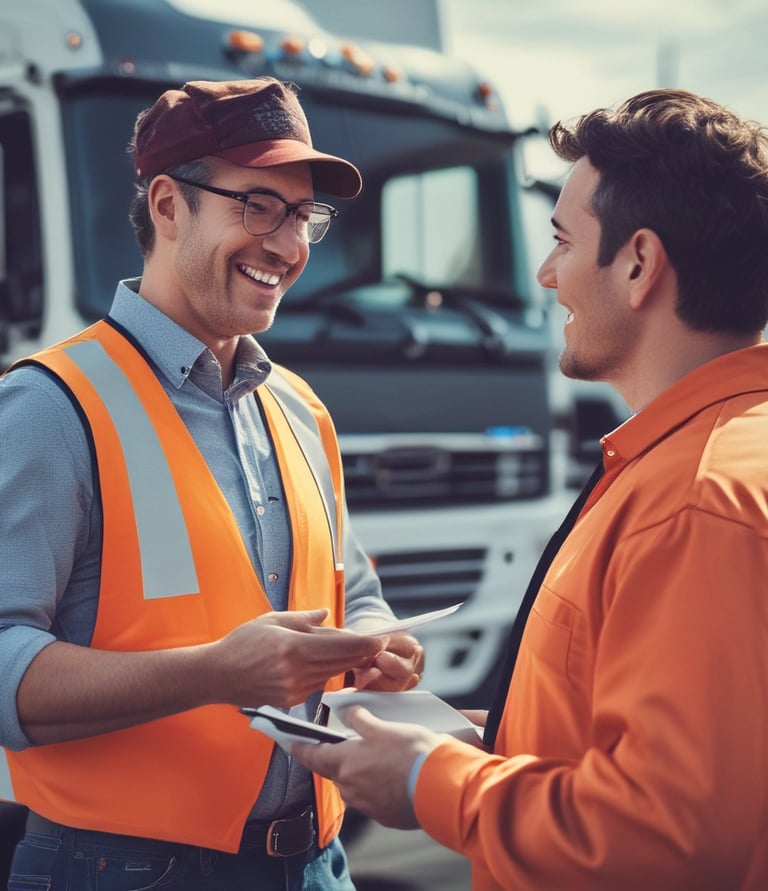 A friendly consultant discussing freight logistics with a truck driver beside a cargo truck.