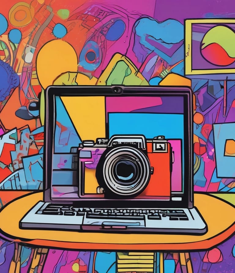 A laid-back workspace featuring a Sony A7 IV camera, lenses, and a laptop with lifestyle gear arranged neatly.