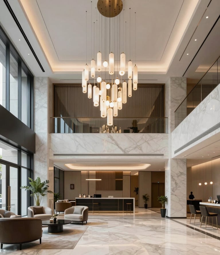 A sleek 3D rendering of a modern hotel lobby showcasing formaviva's design expertise.