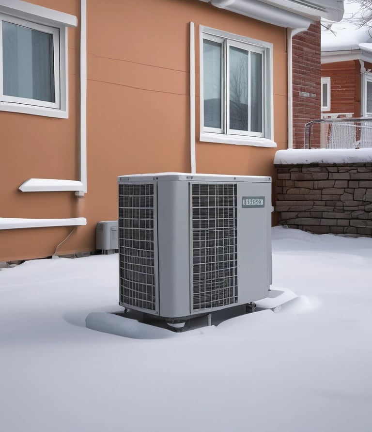 Close-up of a heat pump unit with eco-friendly labels in a residential setting.