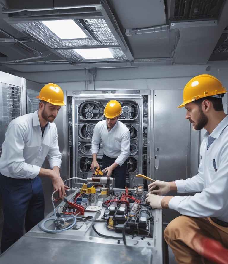 Technical staff collaborating over blueprints in a modern kitchen equipment facility.