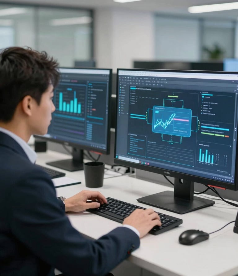 A friendly team of IT professionals collaborating over laptops in a modern office space.