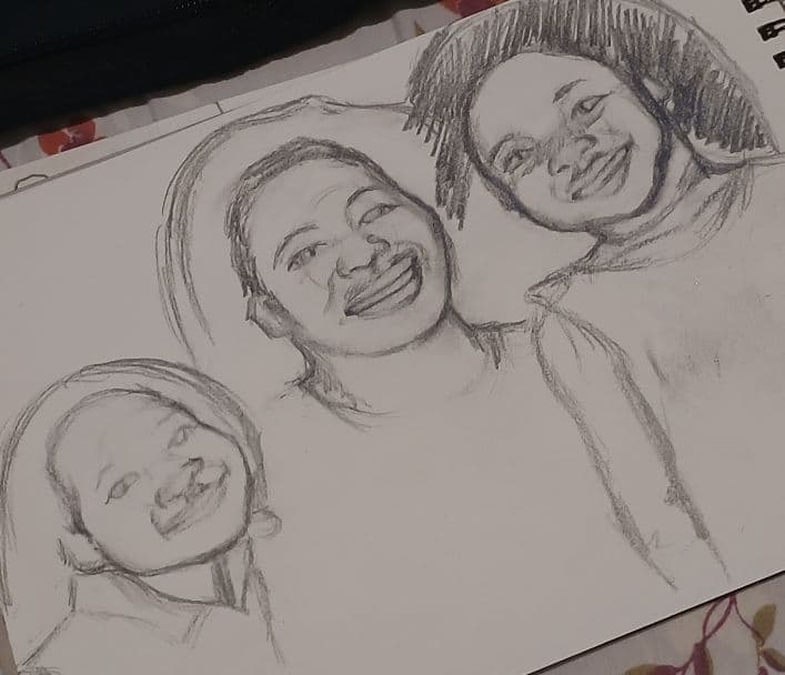 A hand-drawn graphite pencil sketch of three smiling people in a sketchbook.