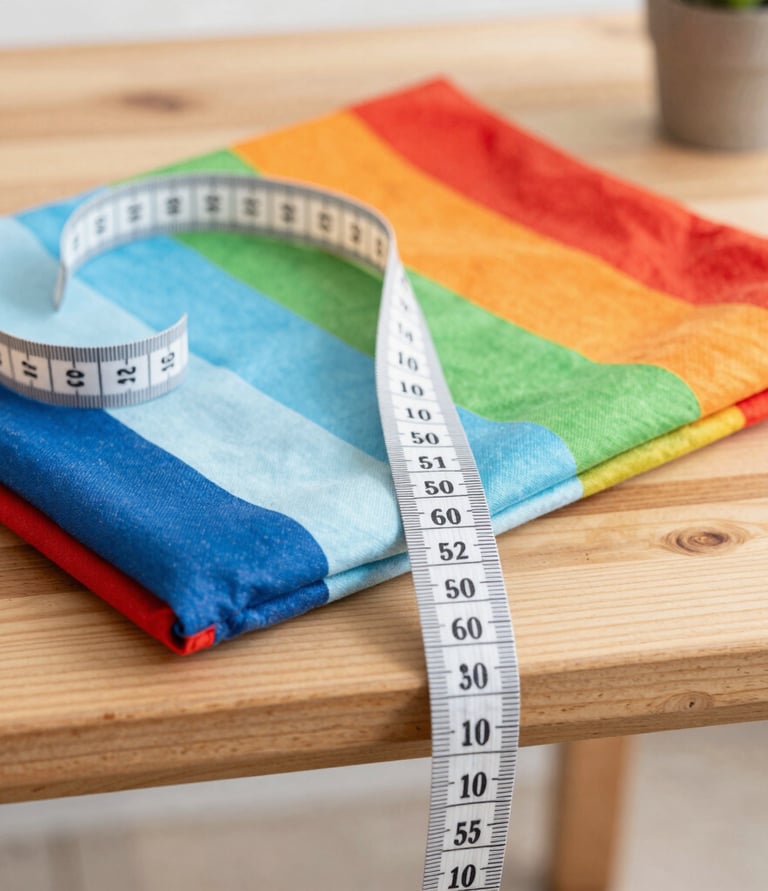A white measuring tape lies across a folded rainbow pride flag on a wooden table.