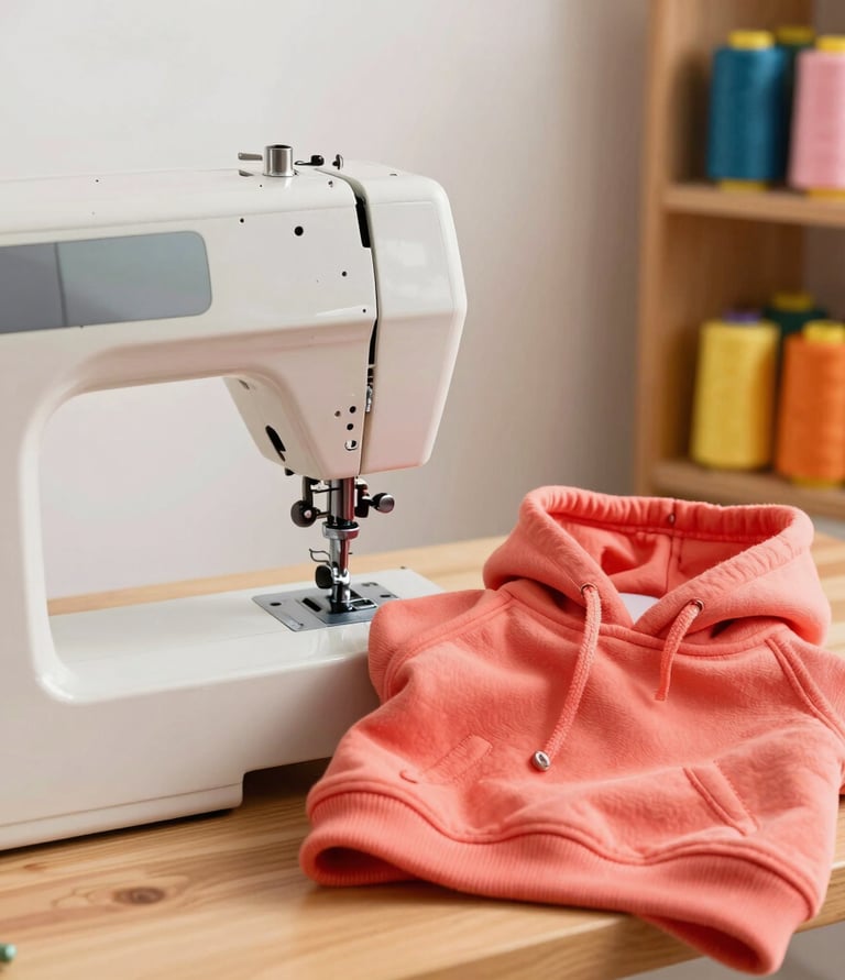 A modern white electric sewing machine sitting next to a peach hoodie on a wooden table.