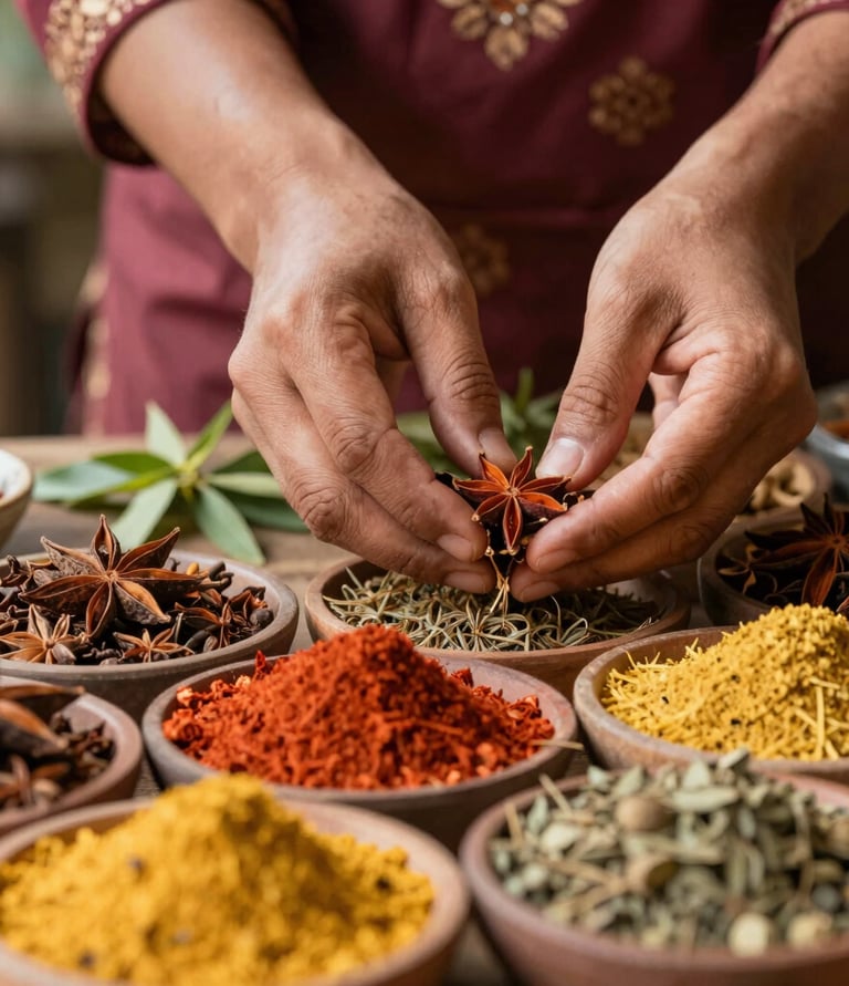 Hands carefully selecting fresh spices at a traditional Indian farm.