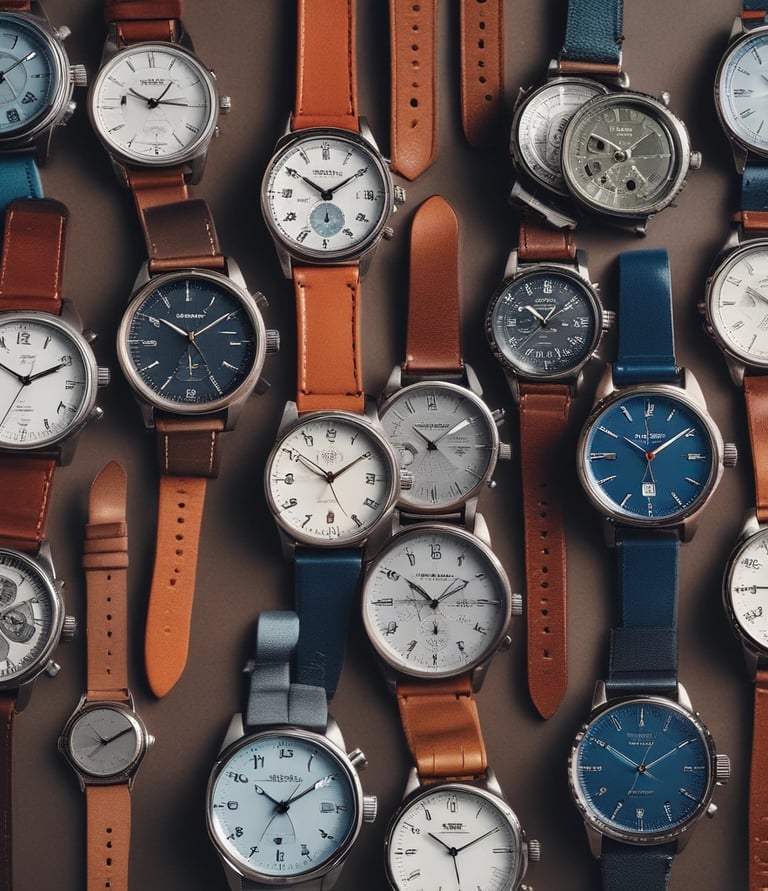 A collection of various men's wristwatches laid out on a wooden table.