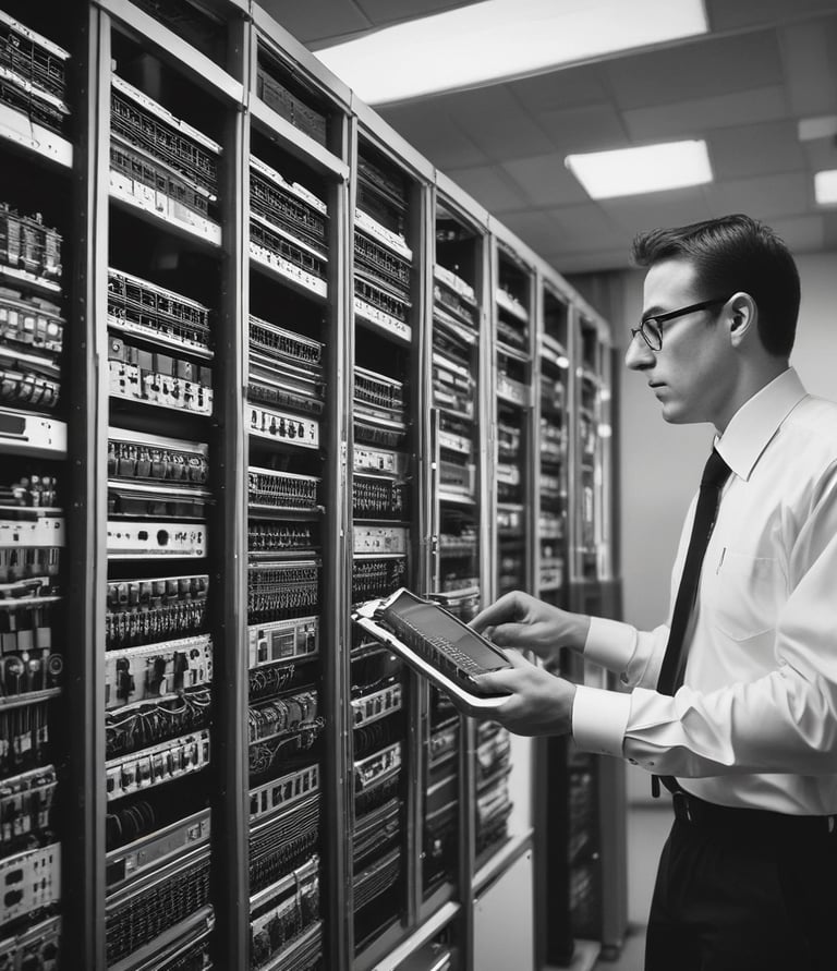 A team of young professionals working together on IT infrastructure in a modern office.