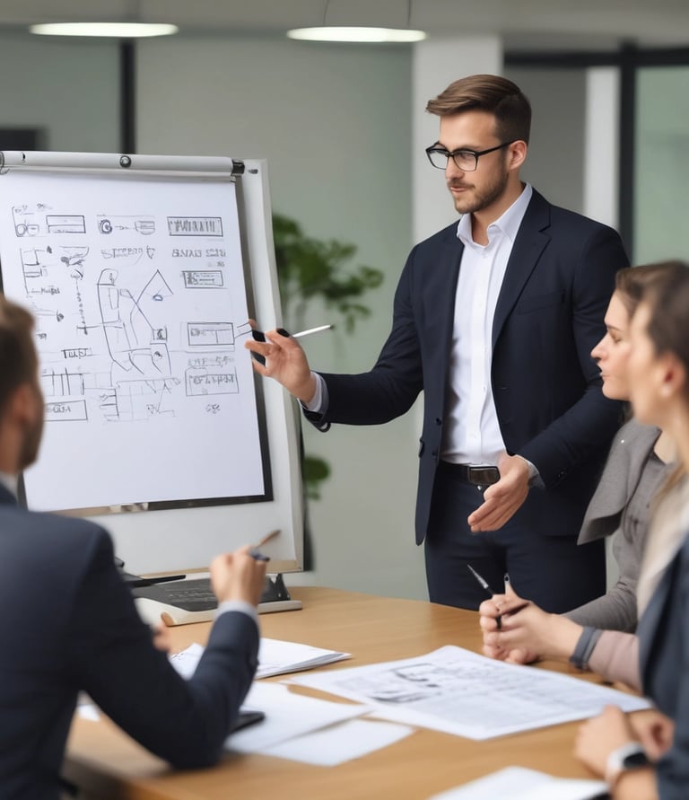 A confident businesswoman presenting a clear marketing plan on a digital screen.